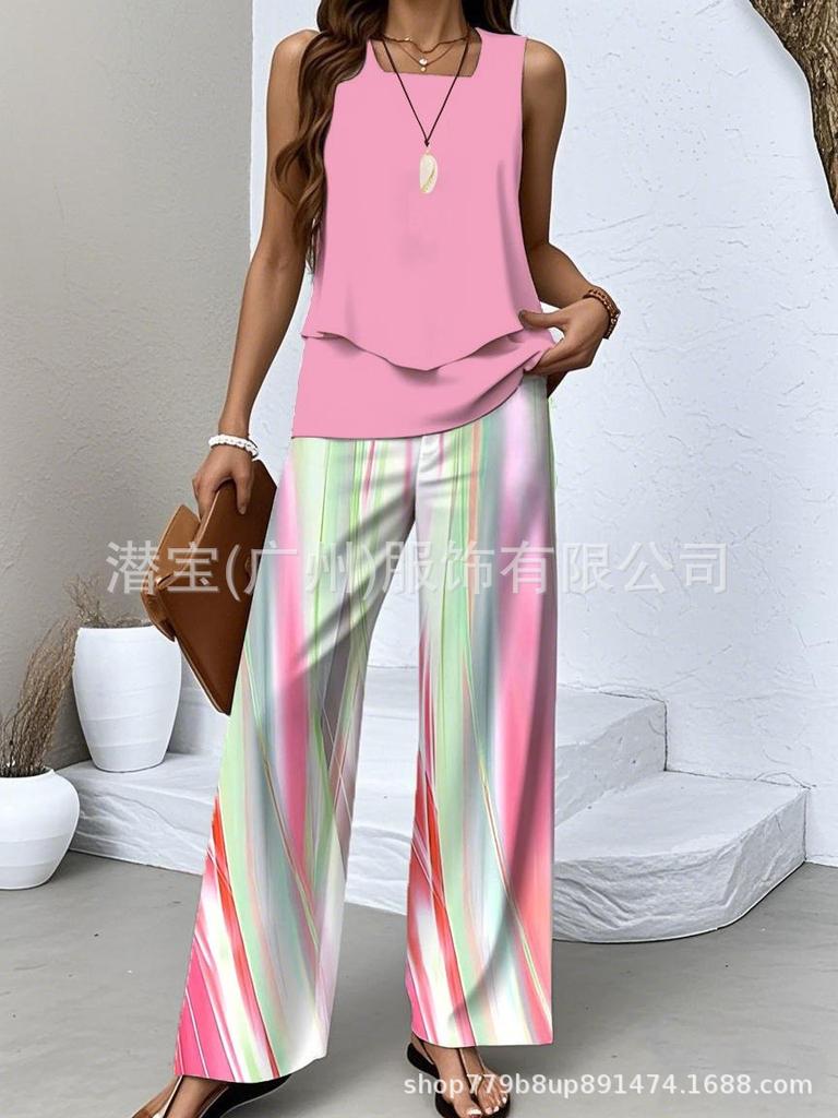 New European and American women's clothing spot explosion sleeveless casual double-layer vest plus pants set two-piece set