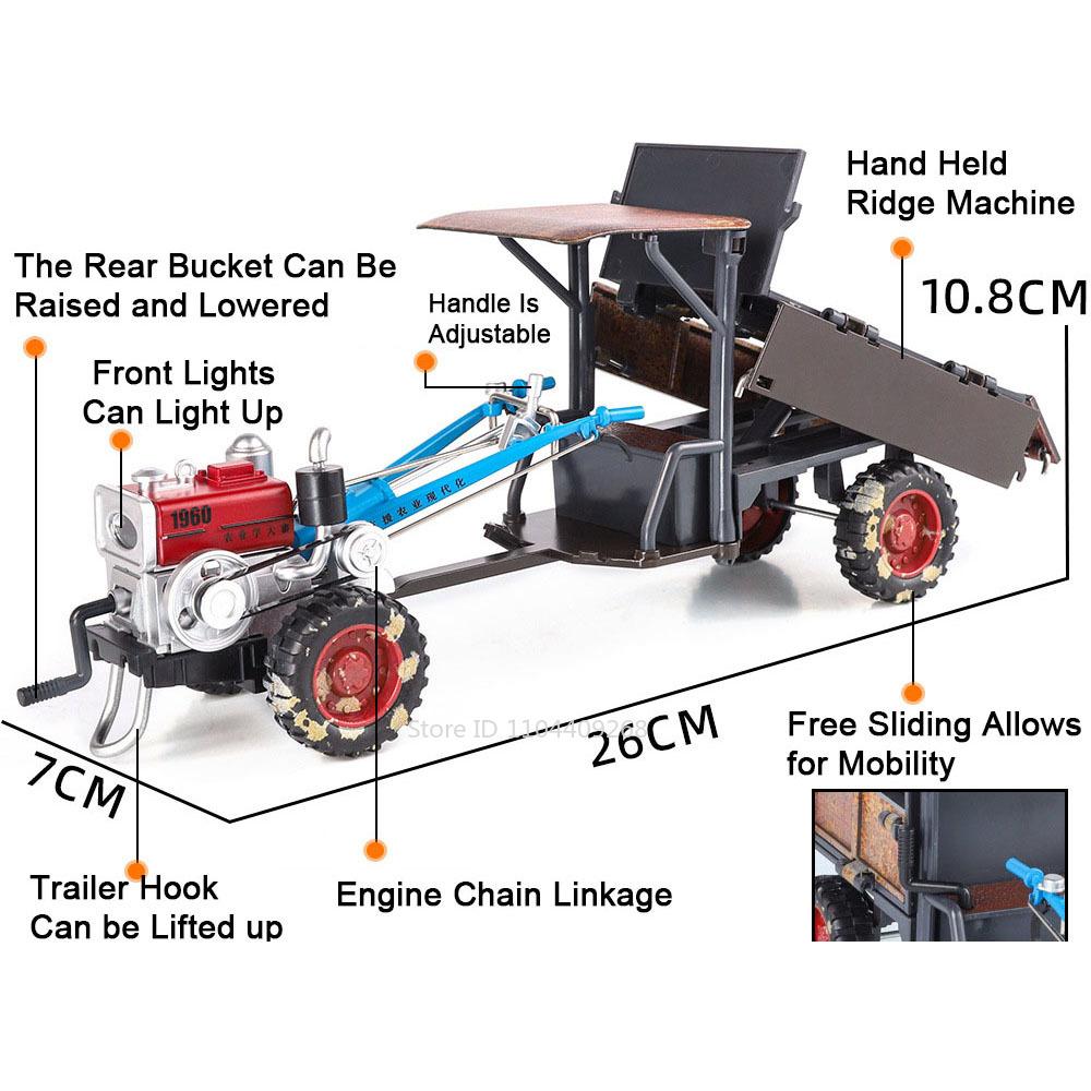 1:24 Alloy Agricultural Walking Tractor Toy Model Car Sound Light Retro Engineering Transport Vehicle Models Gifts for Friend
