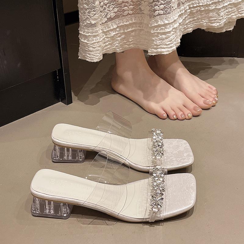 New silver crystal high heels women's spring fashion sandals wear thick heels rhinestone transparent sandals