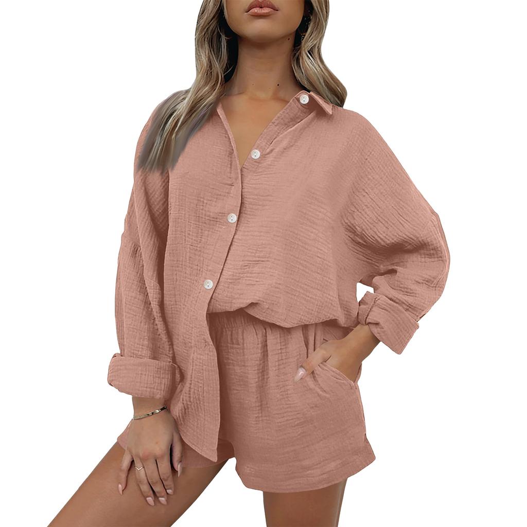 Women's Casual Color Long Sleeved Shorts Set, Crepe Home Set