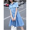 European American Summer New Preppy Style Plus Size Student Lapels Single-Breasted Pocket Short Sleeve Denim Dress Mid Skirt for Women