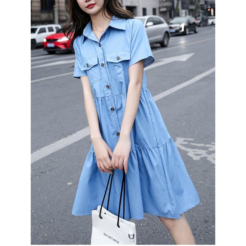European American Summer New Preppy Style Plus Size Student Lapels Single-Breasted Pocket Short Sleeve Denim Dress Mid Skirt for Women