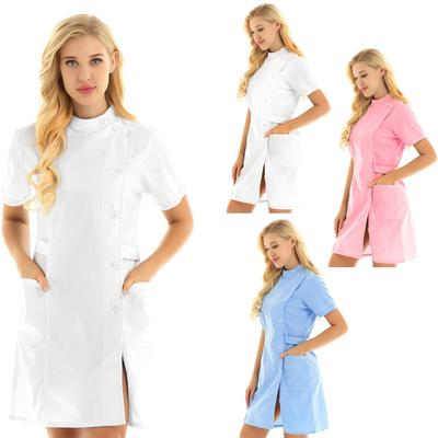 Ropa de Uniforme de Enfermera para Mujer Manga Corta Abotonado Bata de Laboratorio Vestido de Enfermería