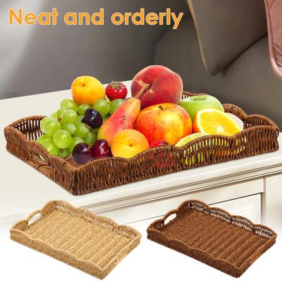 Handwoven Rattan Rectangular Serving Tray for Fruit Vegetable Bread Decorative Tray Home Desktop Storage Tray Wick Baskets