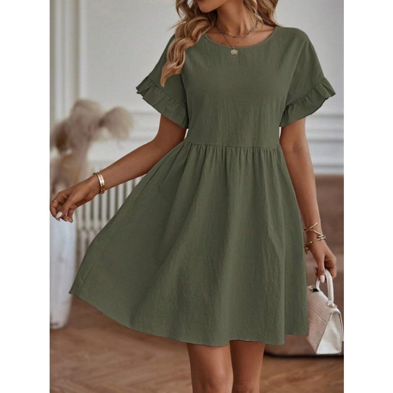 Summer Round Neck Short Sleeve Loose Dress Fashion Simple A-line Party Office Casual Short Dresses Elegant Ladies Women's Clothing