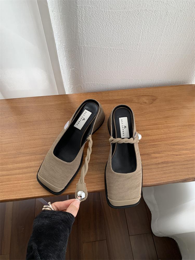 

2025 новые весенне-летние универсальные туфли Мэри Джейн с квадратным носком, на толстом каблуке, с надписью, с характером, крутые шлепанцы 40 хаки