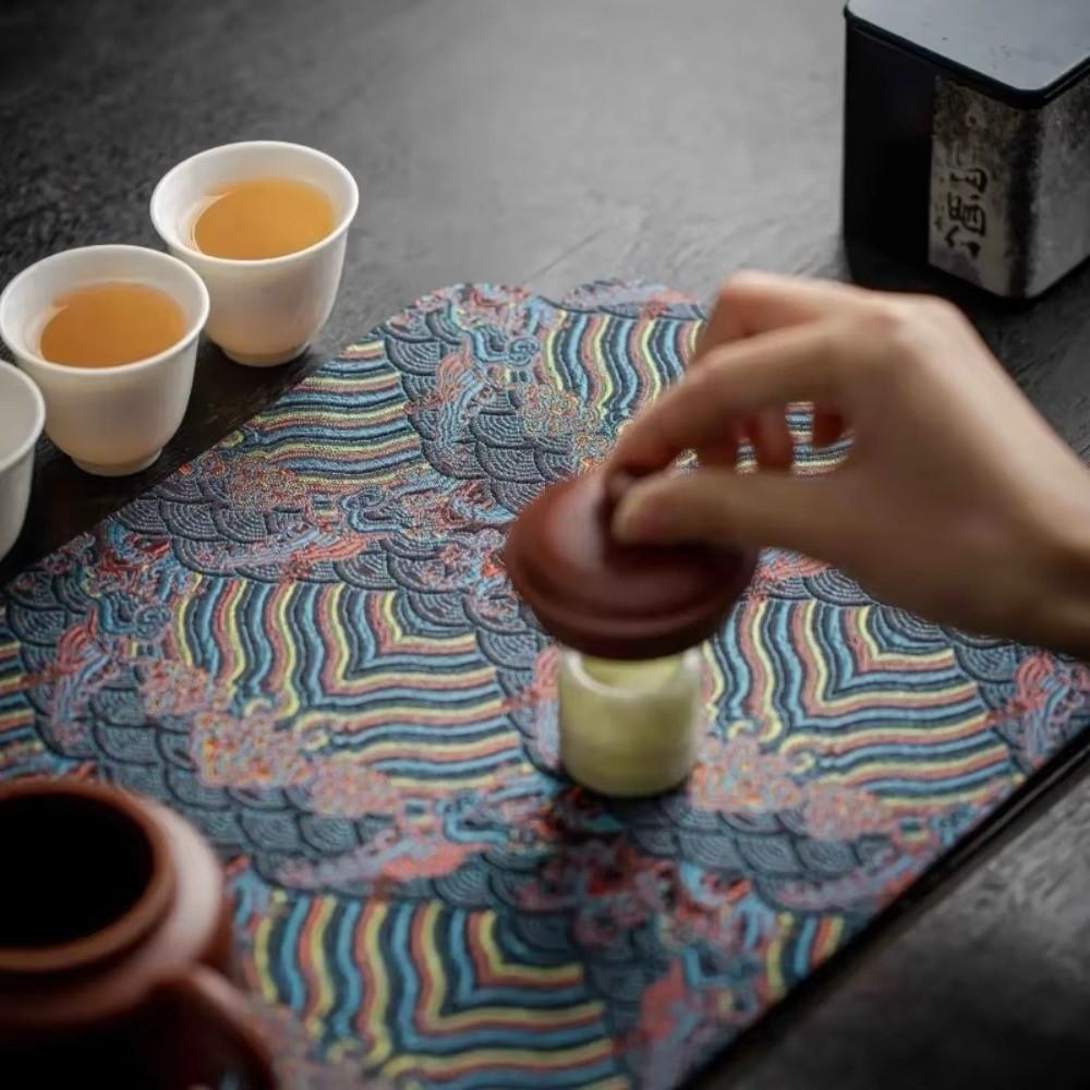 Double-Sided Brocade Tea Mat Chinese Zen Anti-Slip Dry Brewing Tea Ceremony Retro Dining Table Decoration Traditional Coaster