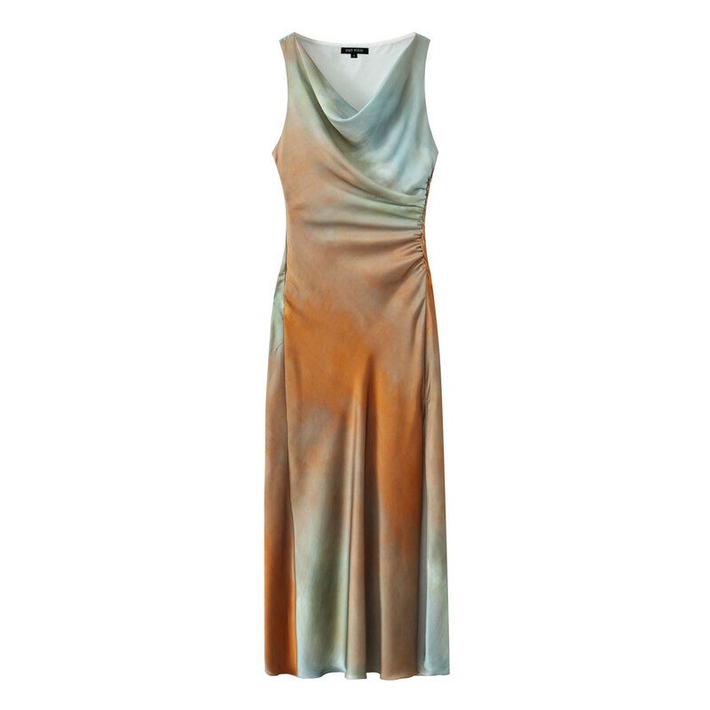 Fashion Style 2024 Summer New Arrival Female Ruched Tie-Dye Floral Print Slit Mid Length Long Length Dress 3031200 330