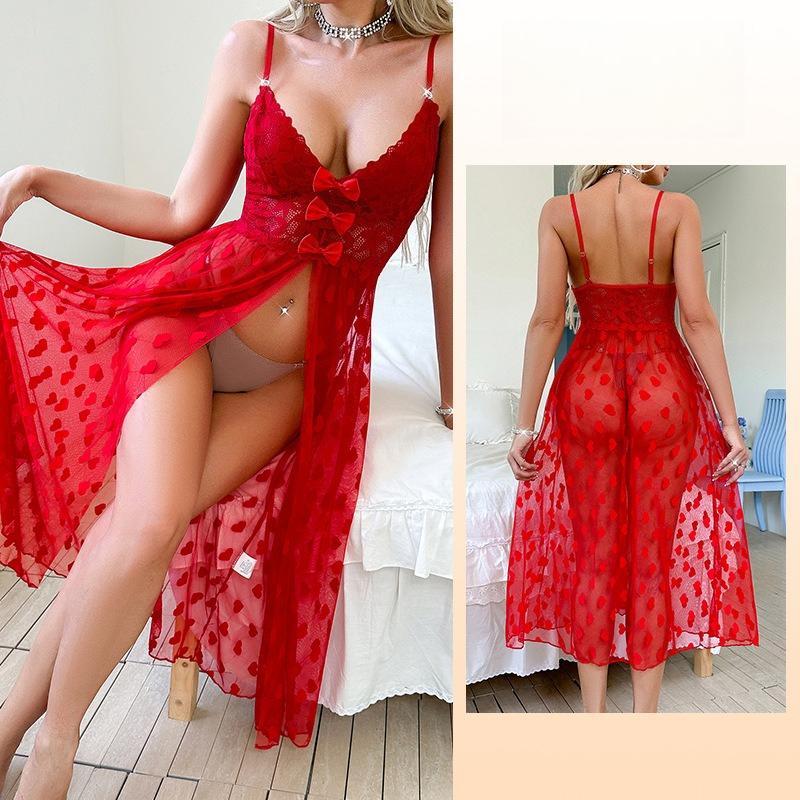 Sexy Spitzen-Schleifen-Camisole-Pyjama Durchsichtiges Netz Leichtes Nachthemd für Damen 772 Verspielte Feminine Nachtwäsche mit Zarten Spitzendetails