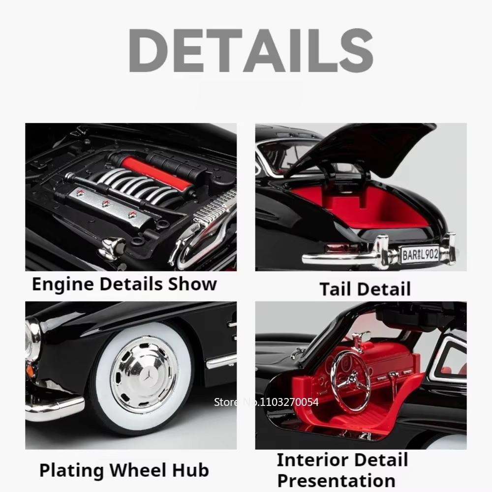 1:24 300sl W140 Alloy Model Toys Diecast Car With Sound Light Pull Back Doors Opened Miniature Models Classic Toy Gifts For Boys