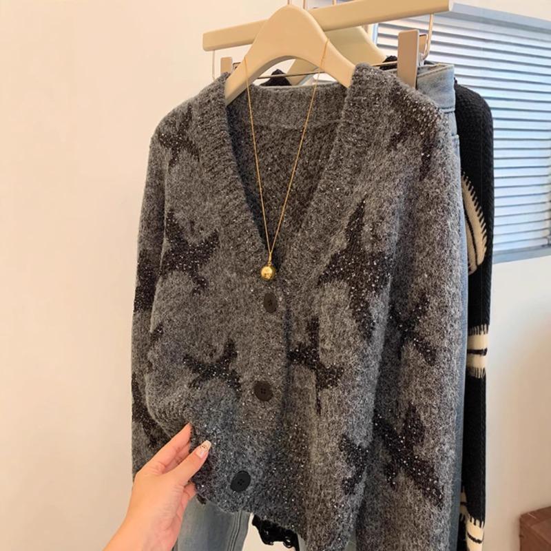 Grey Butterfly Sequined Premium Sweater Women's Soft Waxy Women's Cardigan Long-sleeved Short Knitted Jacket