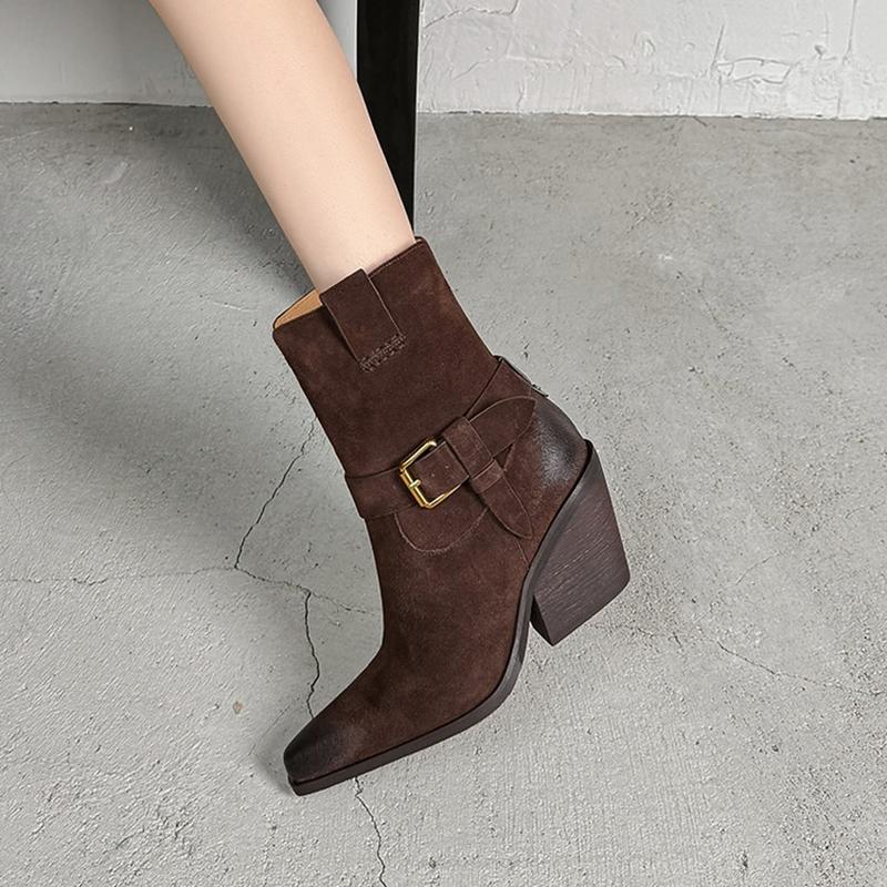 Fashion NEW Autumn Women Boots Pointed Toe Chunky Heel Shoes Cow Suede Leather Shoes for Women Casual Slip-on Western Boots Daily Shoes