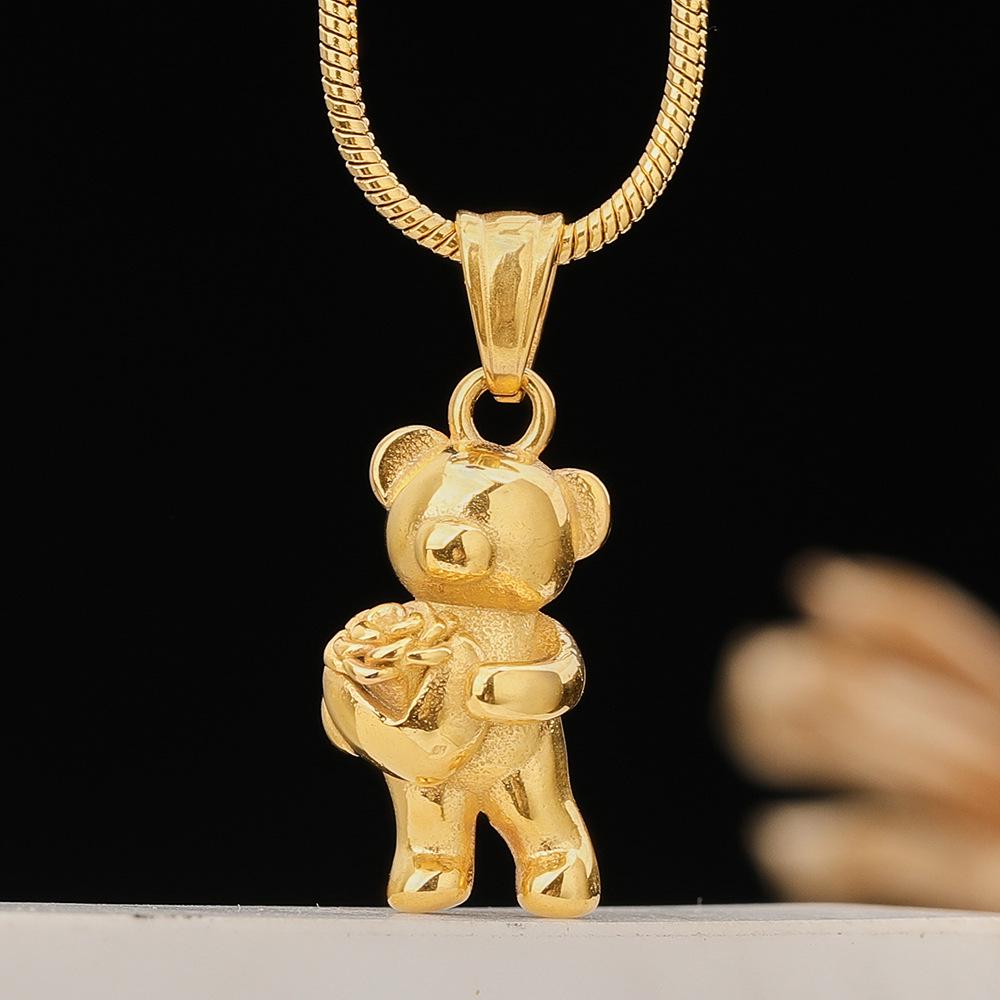 

Trendy Titanium Bear Pendant Necklace with Flowers - Unisex Sweater Chain золотой