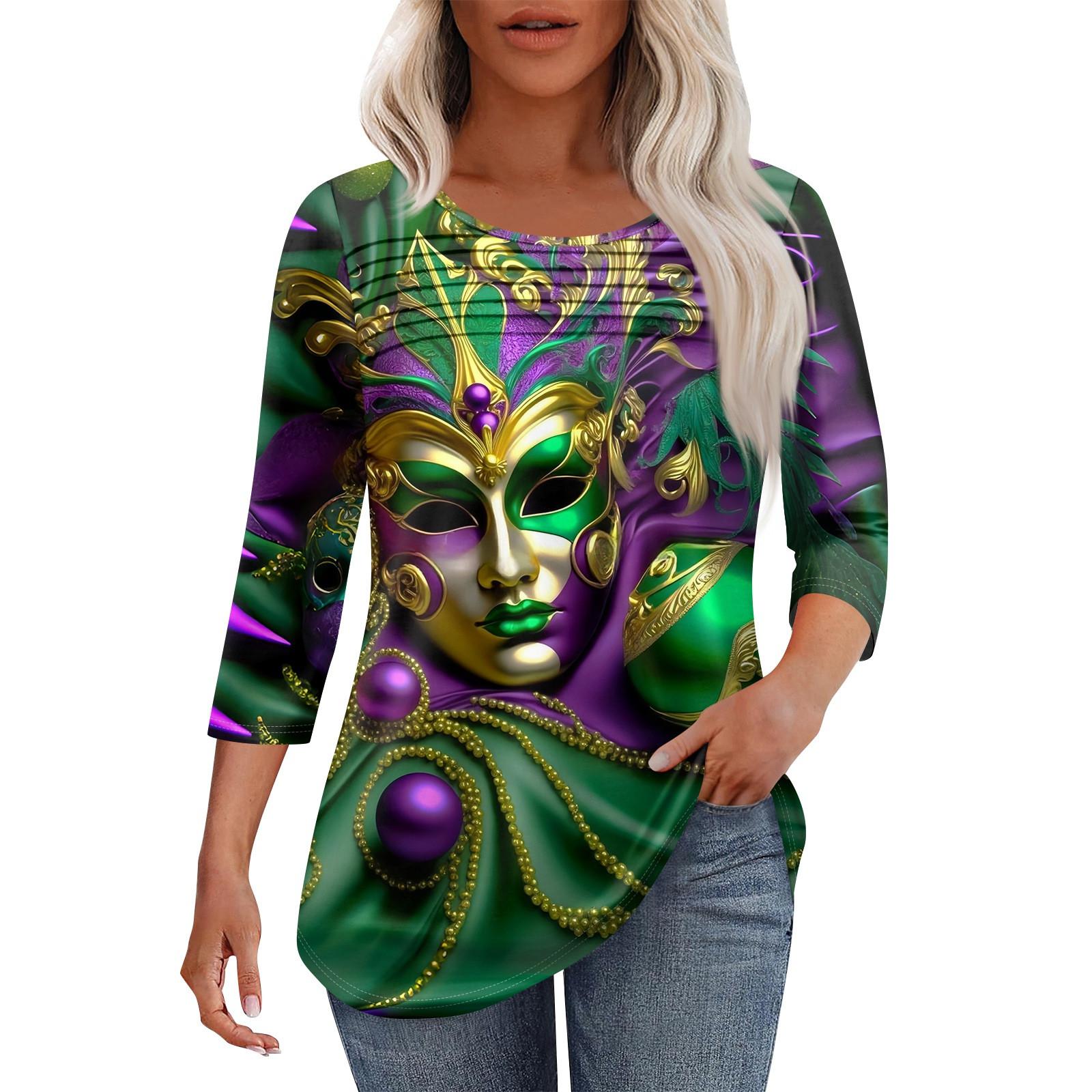 

Женская мода круглый вырез шея плиссированная передняя планка с принтом рукав 3/4 топ L темно-зеленого