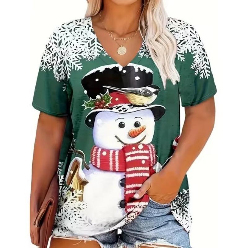 Móda Červený Štědrý den Dámské oblečení Letní tričko Výstřih do V Volné Krátký rukáv Vánoční tričko Trend Horké prodejní styly
