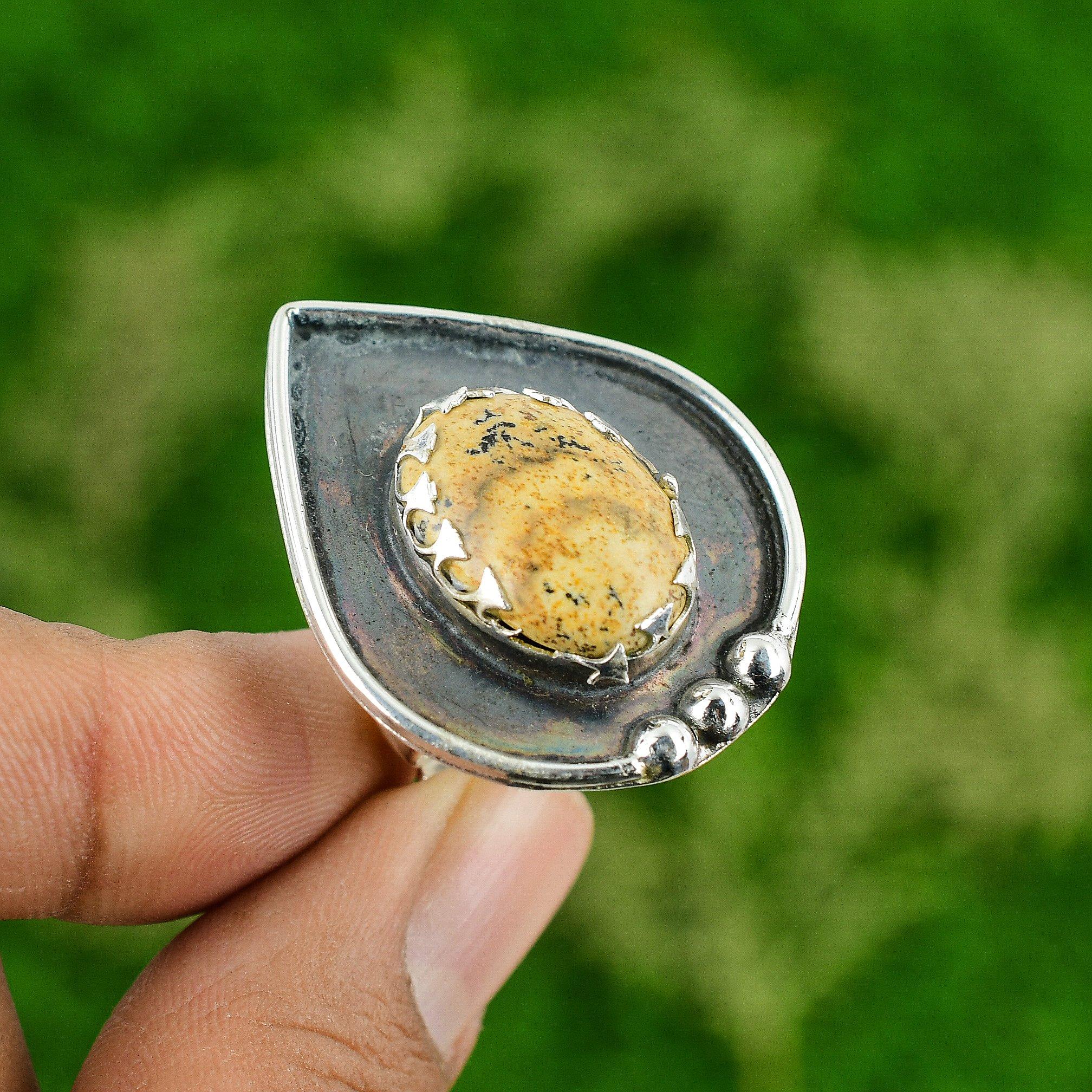 

Подарок для нее Кольцо из серебра 925 пробы с натуральным пейзажным яшмой, регулируемое, для ношения в стопке Adjustable