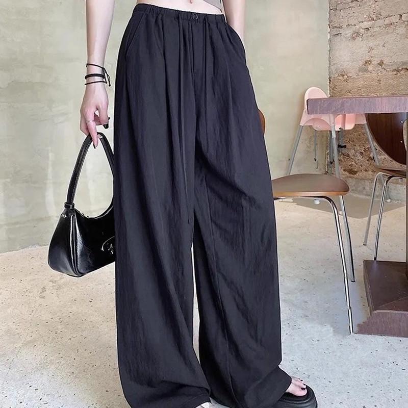 

Women s Summer Ice Silk Loose Wide-Leg Walking Pants with Quick-Dry Waist Rope S чёрный