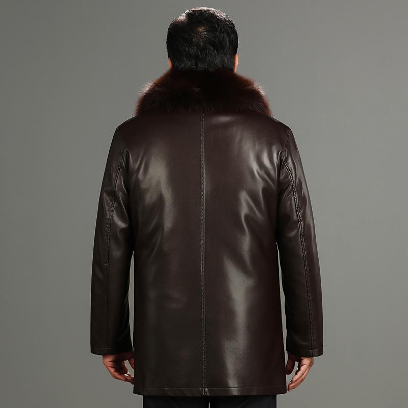 Men's Mid-Length Leather Coat with Fox Fur Collar and Detachable Rabbit Fur Liner – Thick, Warm, Plus Size Jacket for Mid-Aged and Elderly.