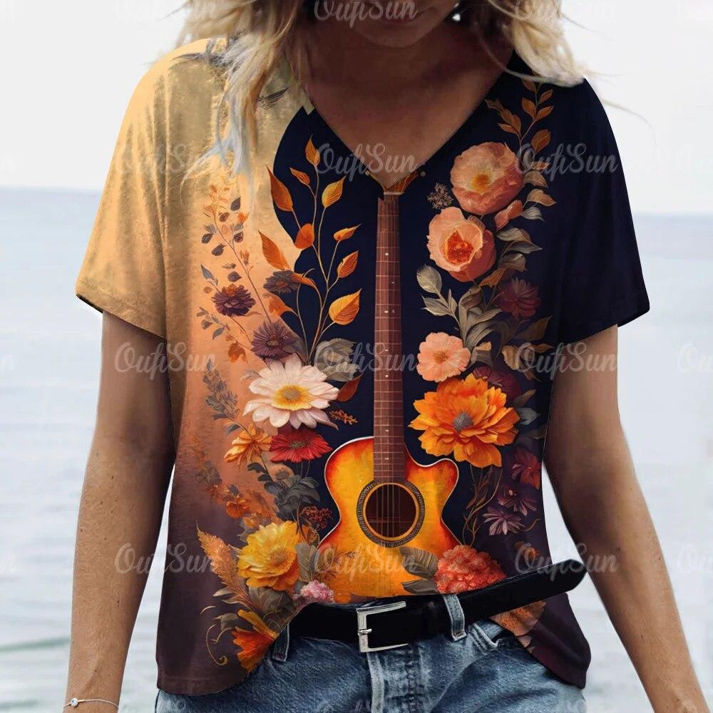 Aesthetic V Neck Women T-Shirts Guitar Graphic Fashion Short Sleeve Harajuku Y2k Floral Tops Oversized Casual Tee Female Clothes