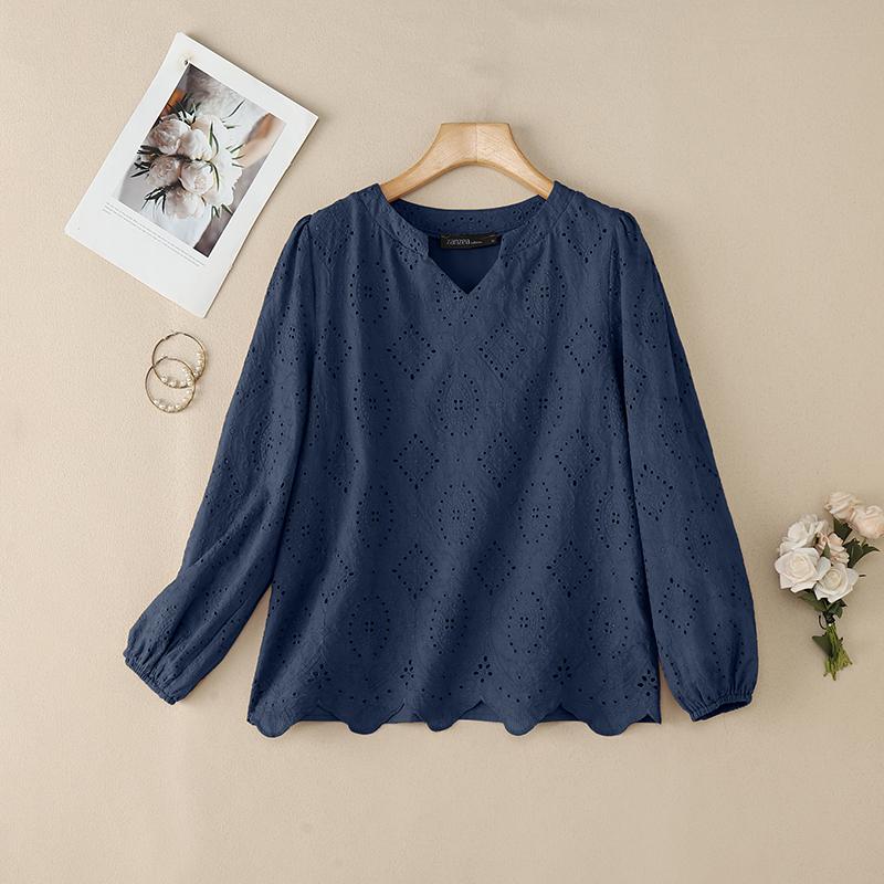 ZANZEA Women Casual V-Neck Long Sleeve Loose Lace Crochet Patchwork Blouse