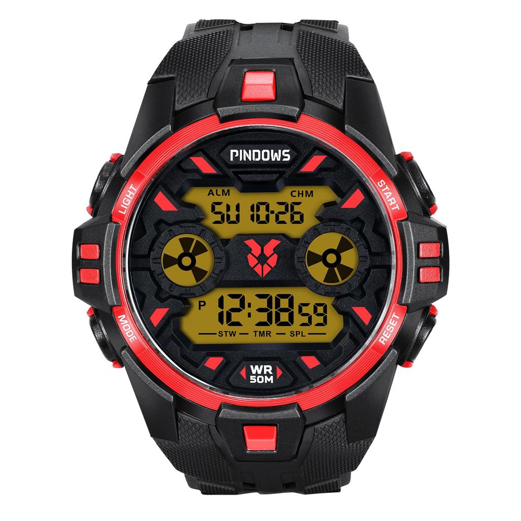 PINDOWS Digital Sports Watch with Timer 50M Waterproof Multifunction Tactical Watch with LED Backlight Men's Stopwatch, Alarm, Men's