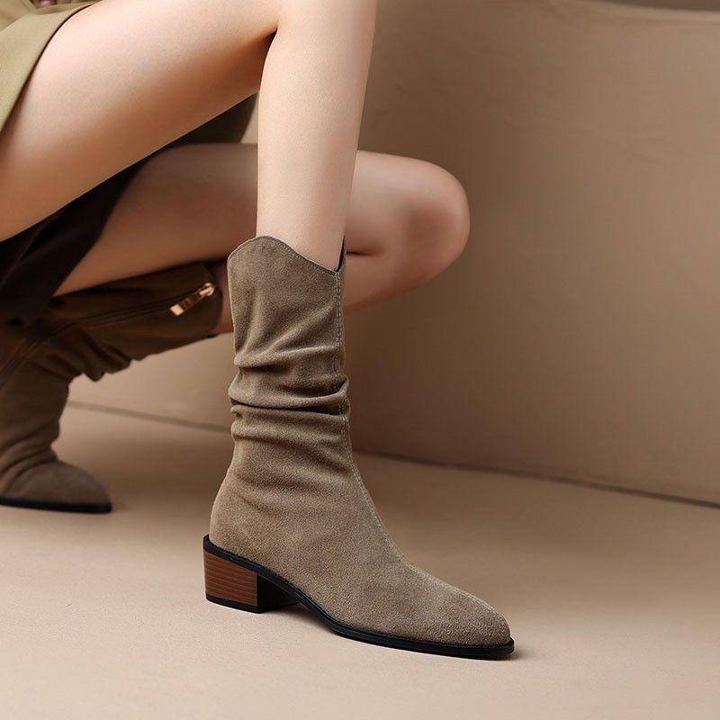 Women's 2025 French Retro Pointed Toe Mid-Calf Boots - Autumn/Winter Soft Suede Leather, Chunky Heel, Non-Slip