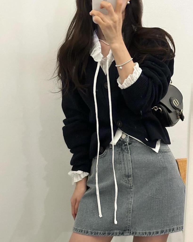 Korean Chic Cotton Jacquard Ribbon Shirt & Cable Knit Vest Set for Women