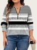 Plus Size Color Block Stripe Loose Casual Long Sleeve Top with Half-Zip Round Neck for Women.