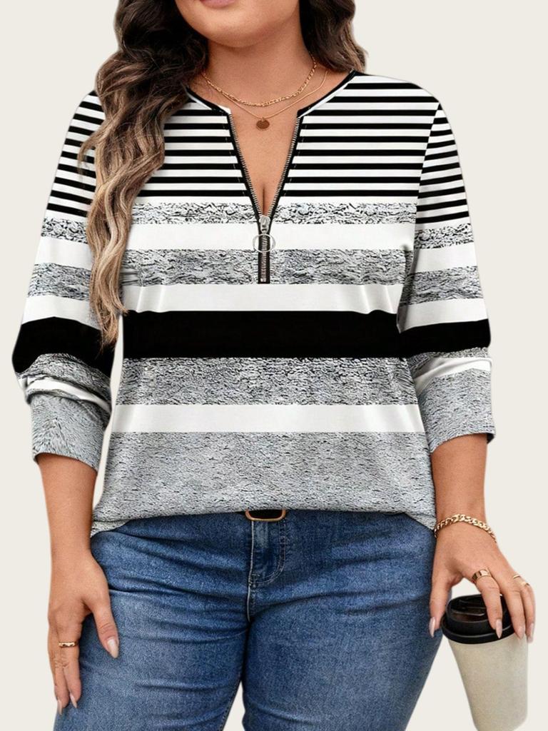 Plus Size Color Block Stripe Loose Casual Long Sleeve Top with Half-Zip Round Neck for Women.