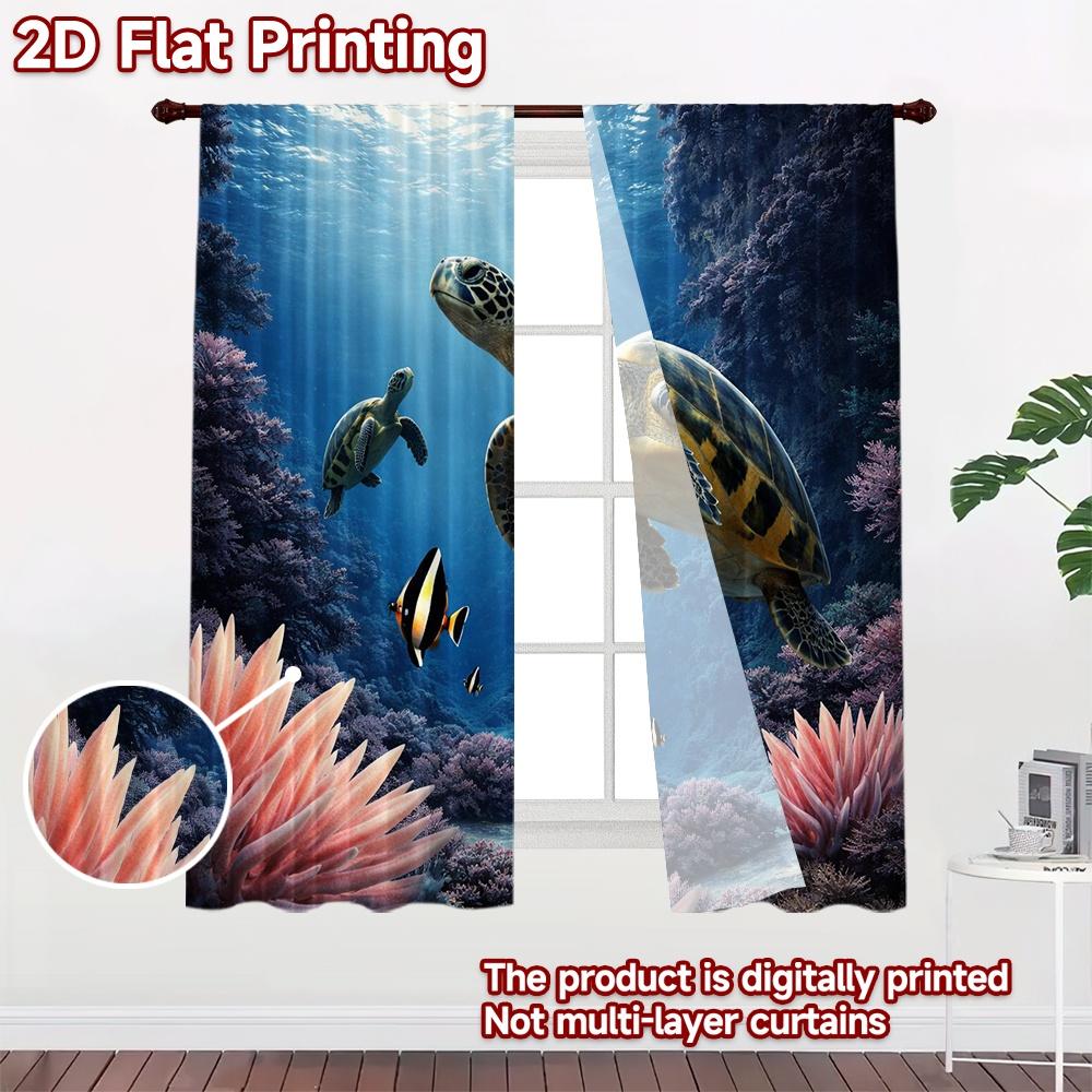 2D FLAT PRINTING 2pcs Curtains (Without Rod) Turtles Swimming Underwater Popular Minimalist Curtains Versatile Polyester Fabric