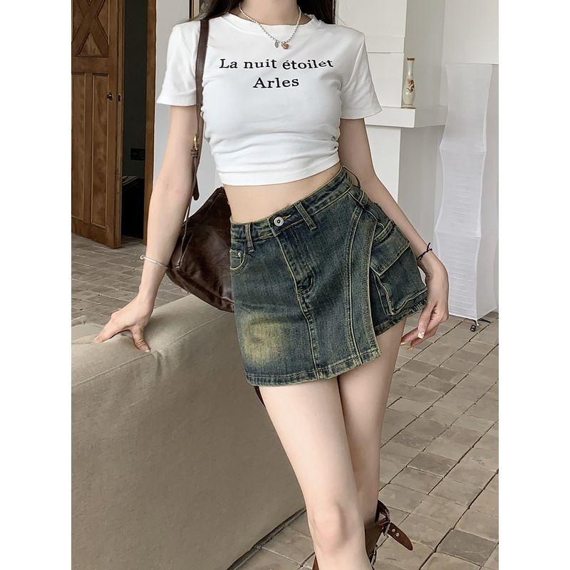 

Small Retro Washed Distressed Irregular Denim Skirt for Women Sexy High Waist Slimming A- line Skirt Short Skirt Retro Blue XL