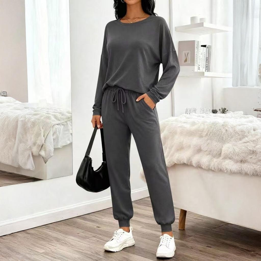 Damen Zweiteiler Langarm-Oberteil und Hose mit Kordelzug Lässiges Lounge-Outfit Weicher Stoff Lockere Passform für den täglichen Gebrauch