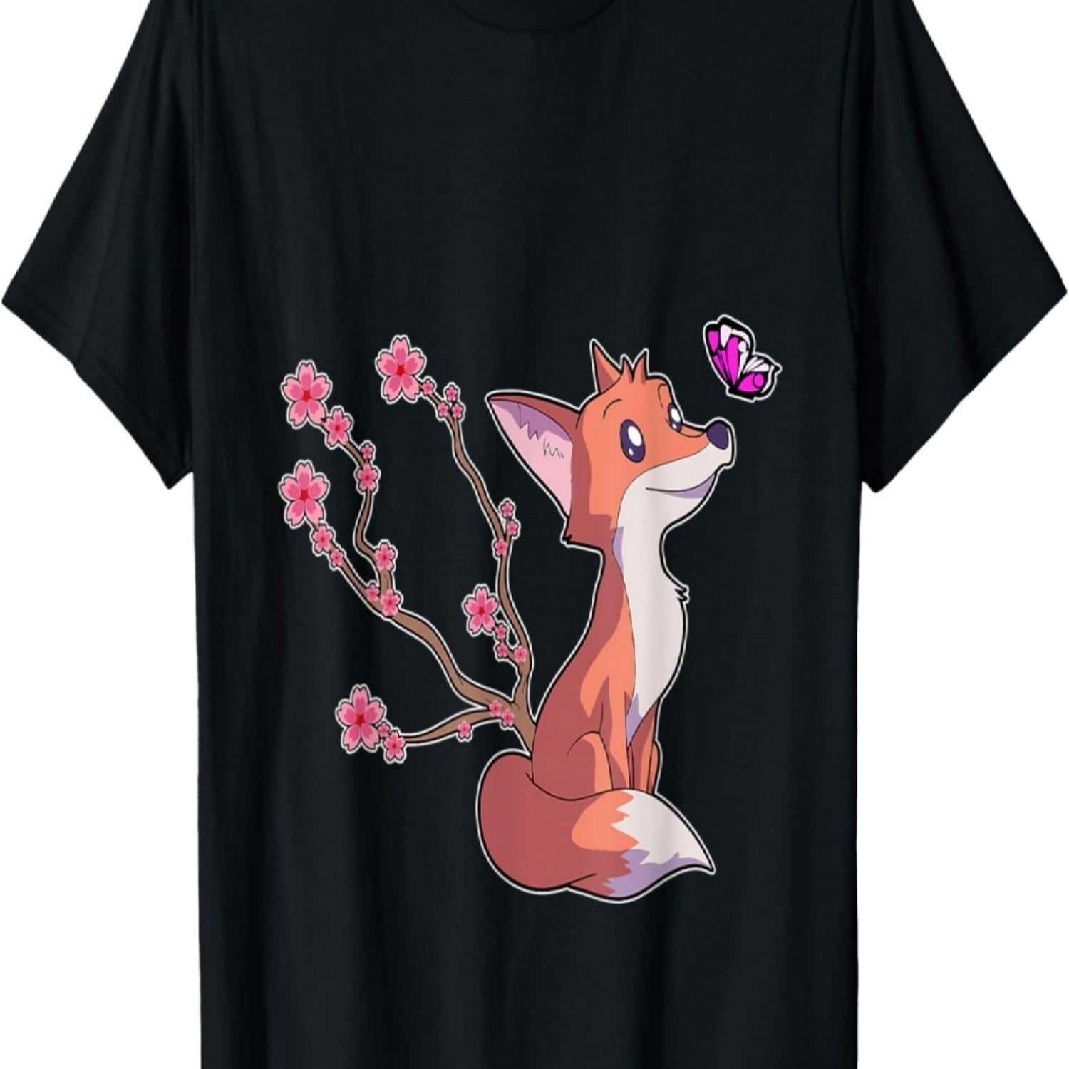 Fox cherry blossom butterfly T-Shirt S чёрный