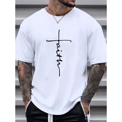 European Sizes Men's White Casual Short-sleeved T-shirt with Black Bold Print Comfortable Round Neck Perfect Choice for Summer
