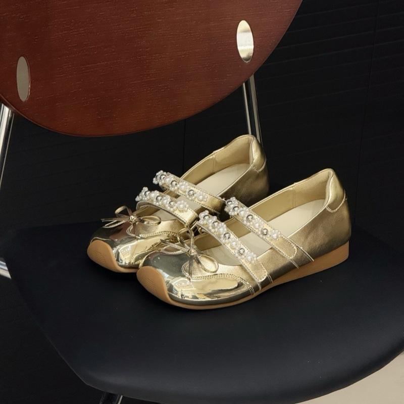 Metal Ballet Mary Jane Shoes Summer New Square Head Design Niche Casual Pearl Single Shoes Women