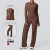Brushed Solid Color Zipper Jacket & Wide-Leg Yoga Set - Two-Piece Sports Fitness Outfit