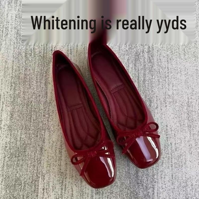 2025 Französischer Stil Damen Rote Eckige Zehen Schleife Ballerinas