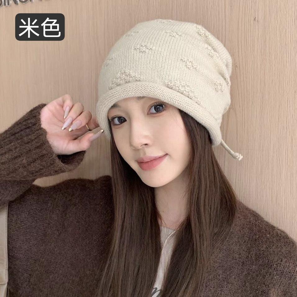 Pile Hats Women's Autumn and Winter Versatile Warm Hemming Knitted Cold Hats Big Head Circumference Showing Face Small Wool Hats