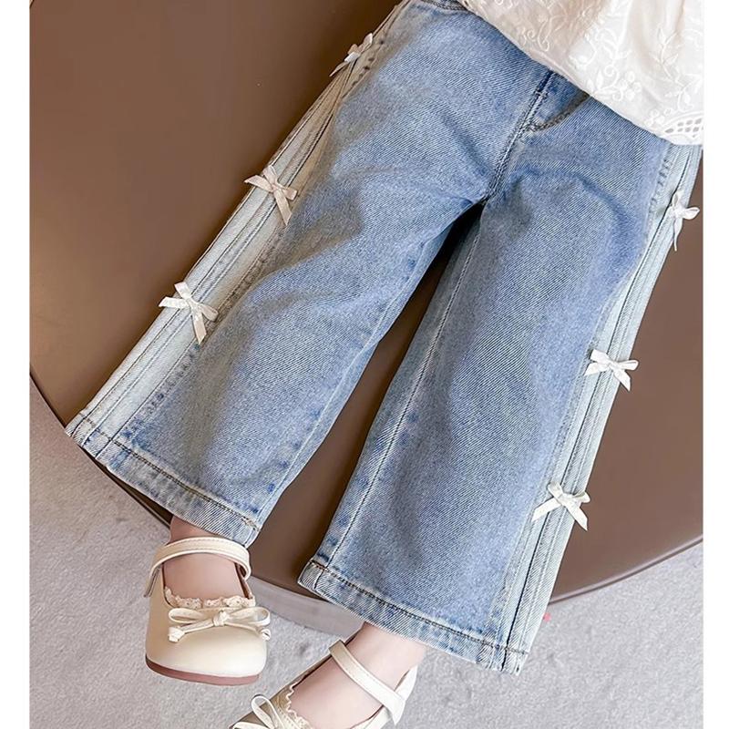 Baby Girls Bow Jeans Kids Spring Autumn Loose Long Pants Children's Straight Wide Leg Trousers Toddler Casual