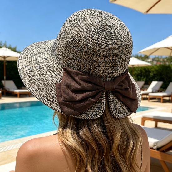 Women Beach Hat, Wide Brim Sun Protection Hat, Foldable Straw Summer Hat with Bowknot Decor, Breathable Outdoor Hat for Fishing, Travel