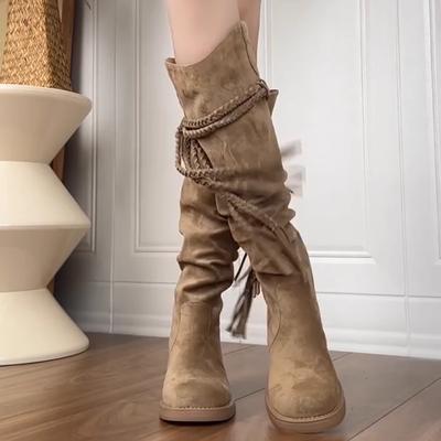 Cowhide Version~ Retro Wasteland Fringed Knight Boots Thick Heel But Knee Long Boots Slim Pile Medium Boots Women
