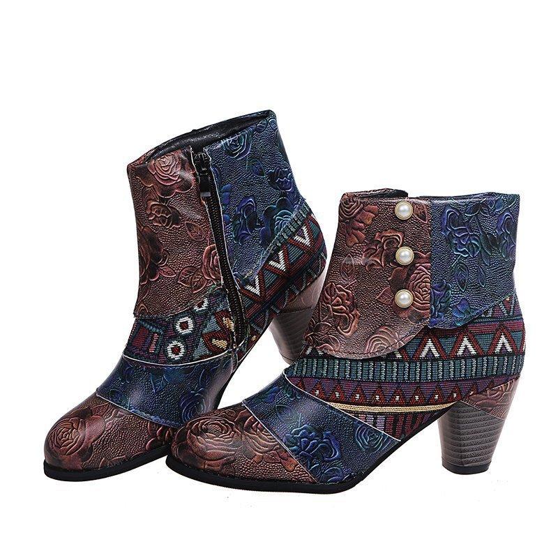 Fashion Women's Boots Large Size Fashion Ethnic Style Casual Fashion Retro Side Zip Color Blocking High-heeled Short Leather Botines