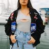 Womens Oversized Black Printed Streetwear Windbreaker Jacket Long Sleeve Casual Cycling Outerwear
