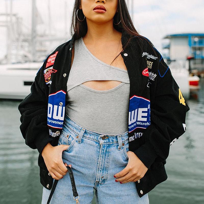 Womens Oversized Black Printed Streetwear Windbreaker Jacket Long Sleeve Casual Cycling Outerwear