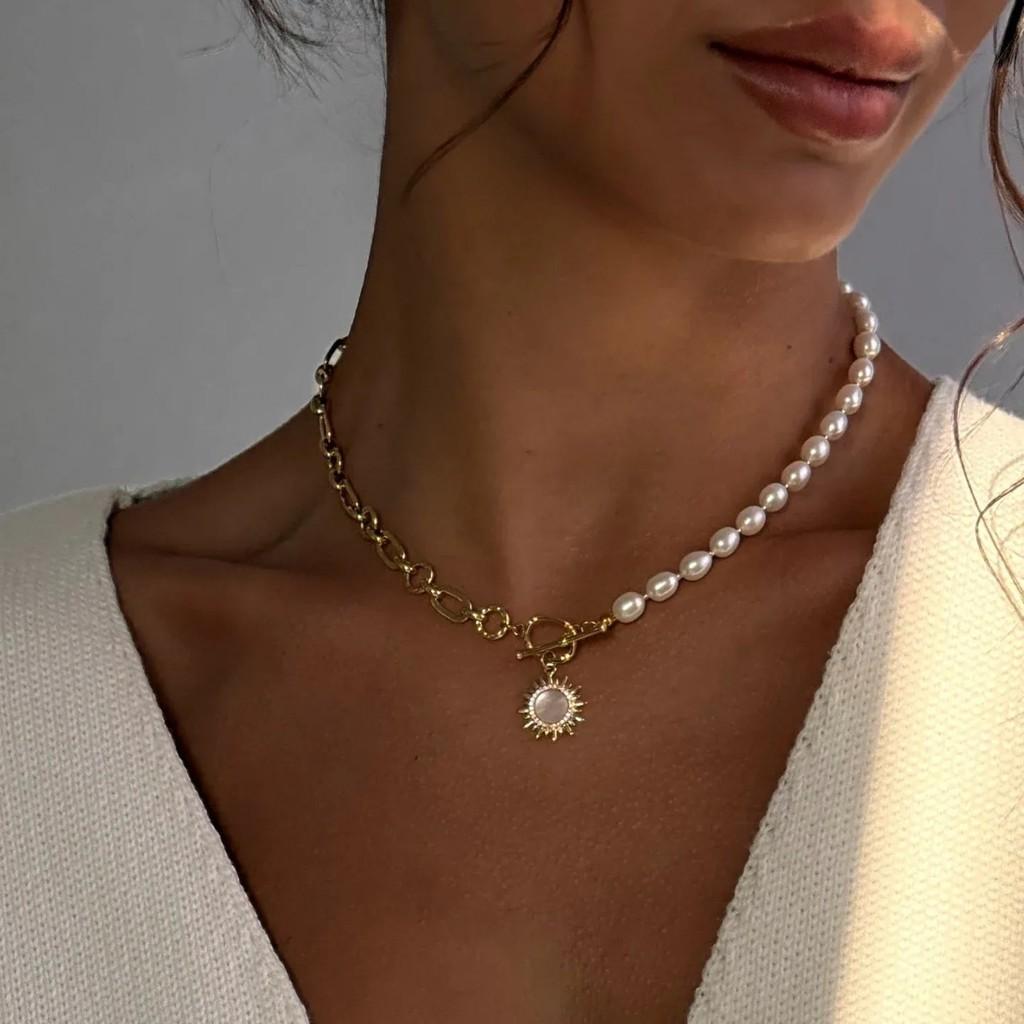 Chain Necklace With Faux Pearl Pendant And Sun Star Motifs For Women