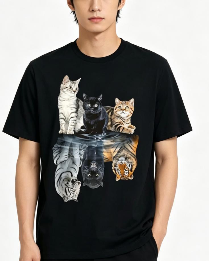 Cat Reflection Mirror Lion Cheetah Tiger Cat Tshirt Casual Unisexs Tshirt Round Neck Short Sleeved Tshirt Sports Holiday Gift