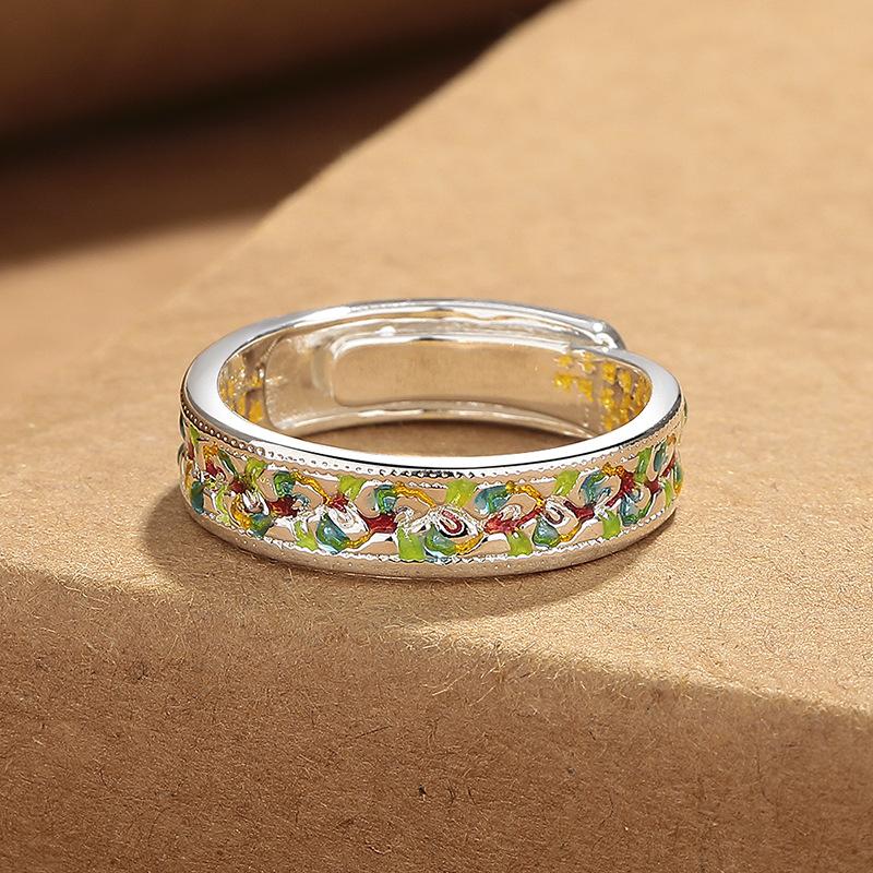 Ancient Craft Enamel Gold-Painted Gingko Vine Heart Sutra Ring for Women – Open Vintage Niche Exquisite Finger Band