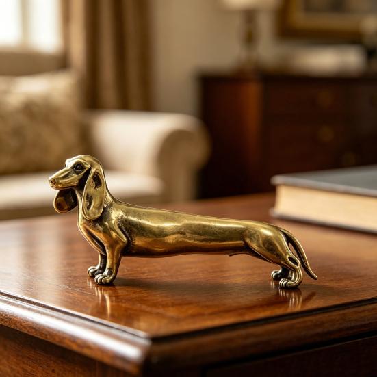 Vintage Brass Dachshund Statue Mini Standing Dog Sculpture Collectible Animal Ornament for Home Office Bookshelf Desktop Decor