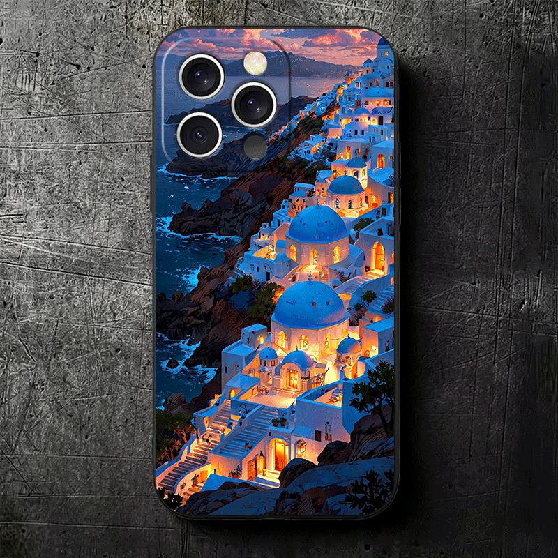 Santorini Greece Summer Soft Phone Case for iPhone 16 16E 17 Air 15 Pro Max 14 Plus 13 Mini 11 12 7 Black Cover Back Shell