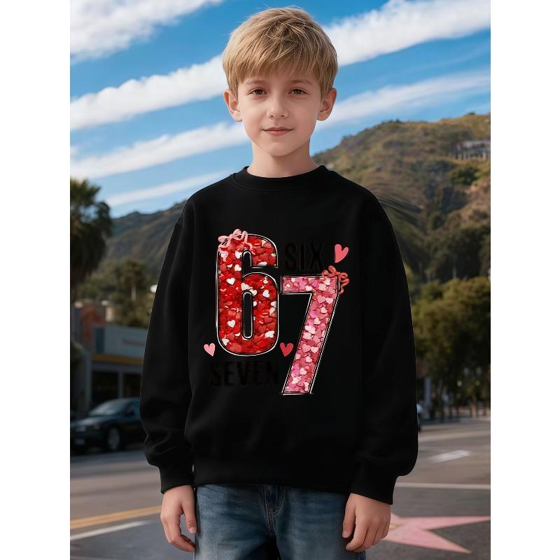 Kids Unisex Crewneck Sweatshirt, Glitter Heart Bow Number 67 Print Long Sleeve Pullover, Boys Girls Cute Birthday Sweatshirt For Kids Over 4 Years Old